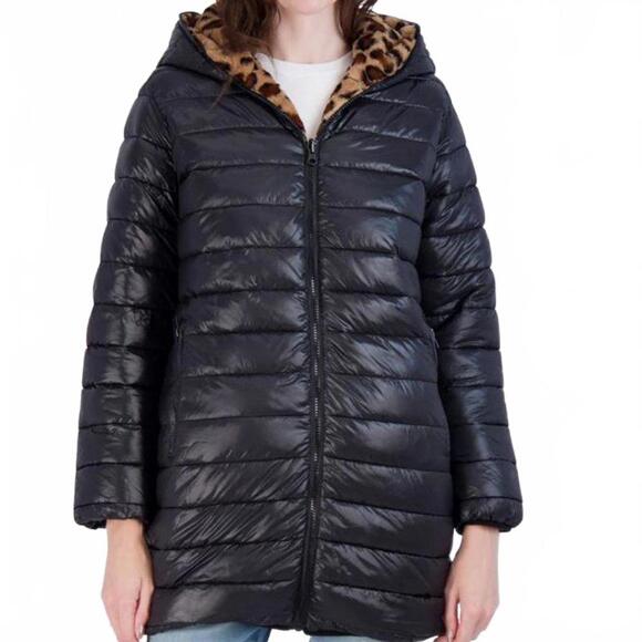 Jessica Simpson Women's Leopard Fur Reversible Puffer - Picture 1 of 6